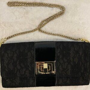 Nine West Brand New Black Lace & Patent Clutch Shoulder Bag